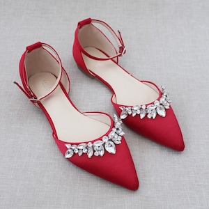 Red Satin Pointy Toe Flats With Sparkly TEARDROP RHINESTONES - Etsy