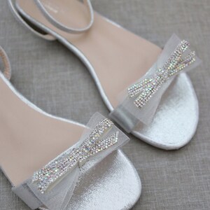 Silver Metallic Flat Sandal with MESH MINI RHINESTONES Bow, Bridesmaid Shoes, Women Sandals, Wedding Sandals, Girls Sandal, Mommy & Me Shoes image 4