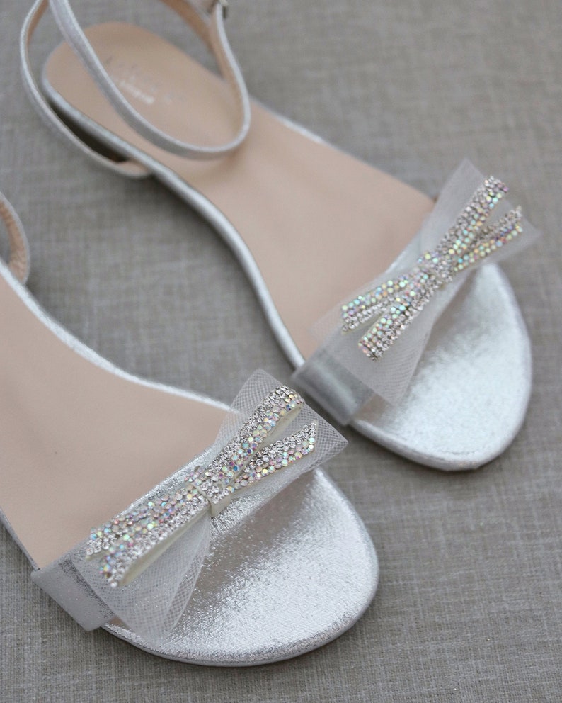 Silver Metallic Flat Sandal with MESH MINI RHINESTONES Bow, Bridesmaid Shoes, Women Sandals, Wedding Sandals, Girls Sandal, Mommy & Me Shoes image 4