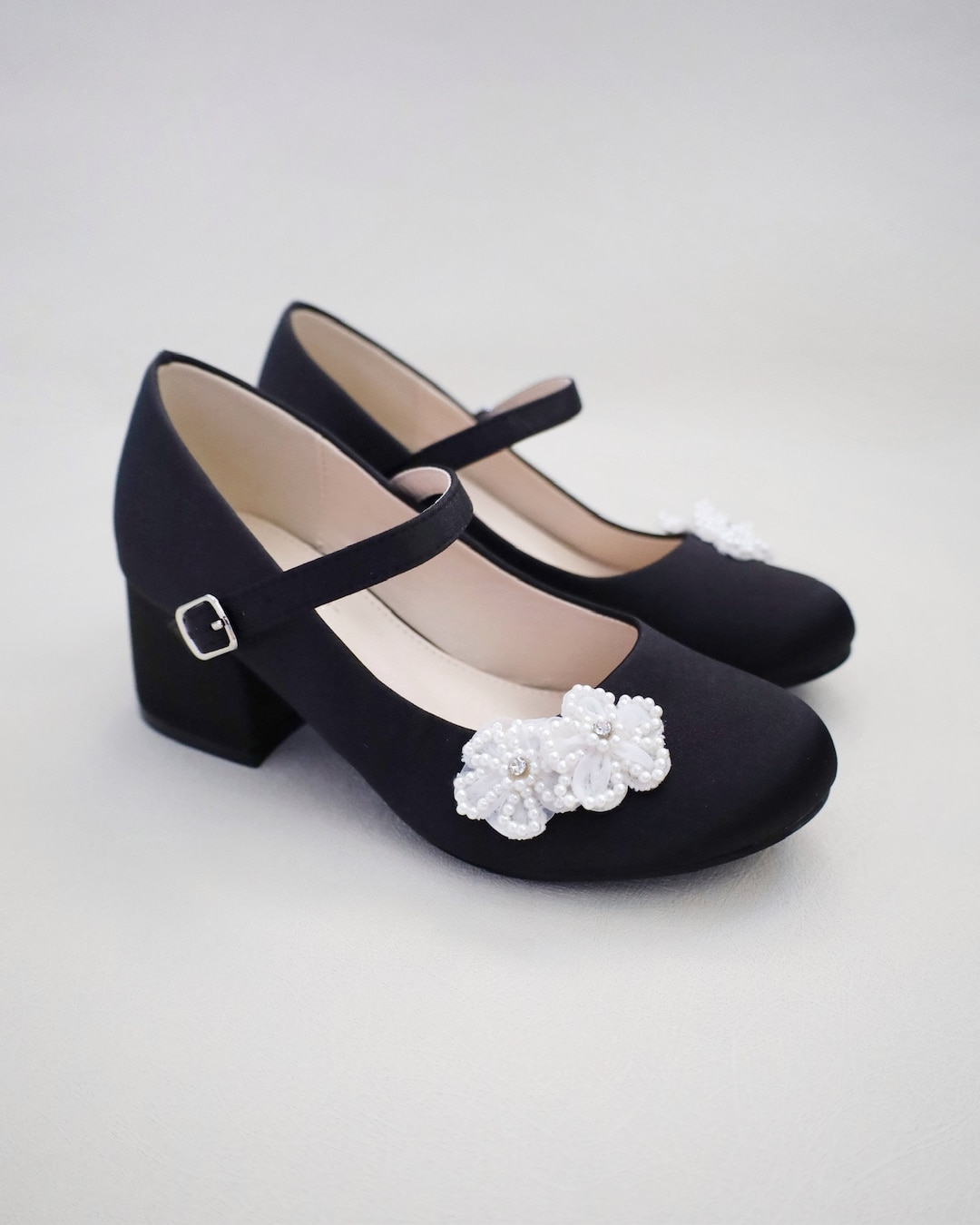 Black Satin Mary Jane Girls Block Heel With All Pearls Chassia Flowers ...
