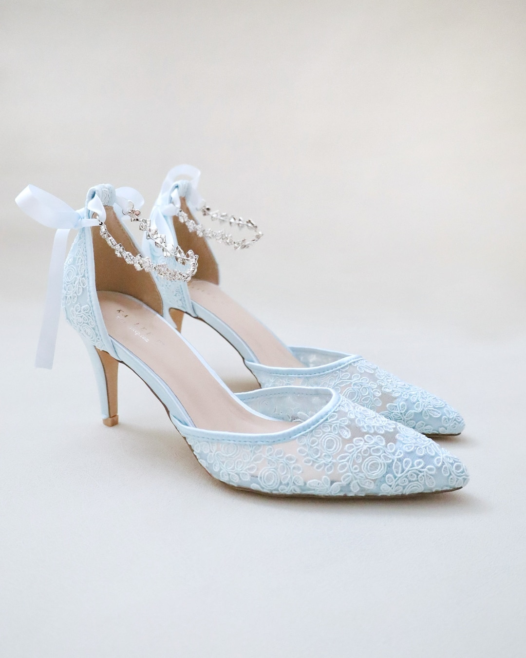Light Blue Crochet Lace Pointy Toe HEELS With Amaryllis Crystal Strap ...