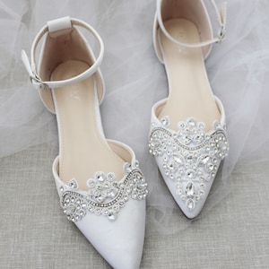 White Satin Pointy Toe Flats With Sparkly RHINESTONES APPLIQUE , Women ...