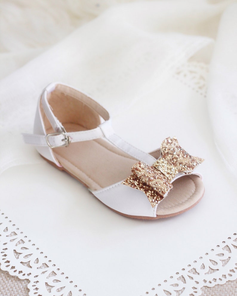 for flower girls WHITE Satin T-strap Flats with Rock Glitter Bow toddler girls shoes