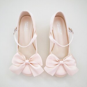 Champagne Girls Satin Mary Jane Block Heel With Front Satin Bow, Flower ...