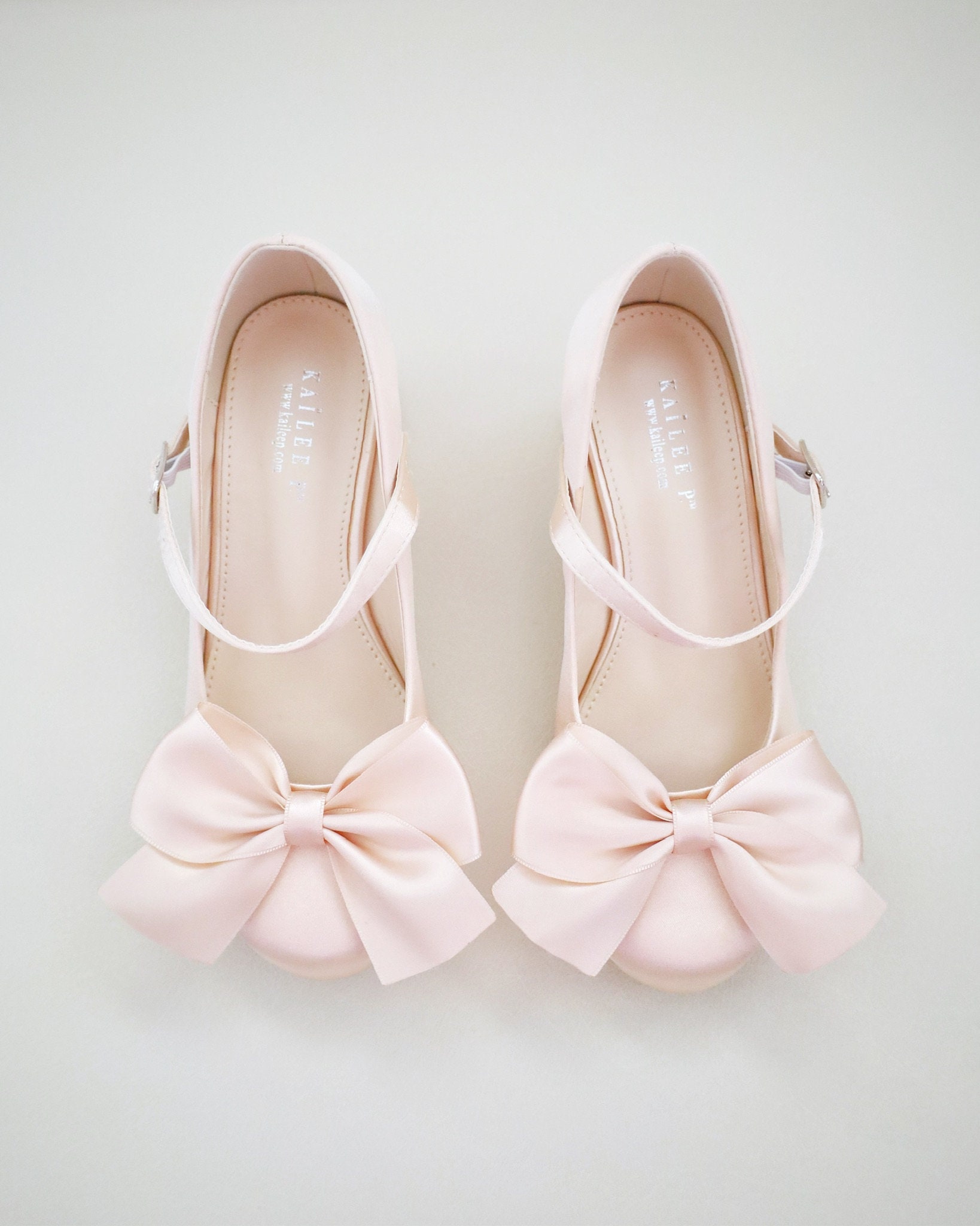 Champagne Girls Satin Mary Jane Block Heel With Front Satin Bow, Flower ...