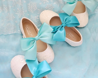 White Rock Glitter Mary Jane with Aqua Blue Or Teal Satin Ribbon Bow, Flower Girl Shoes, Halloween shoes, Girl Costume Shoes, Birthday Shoes