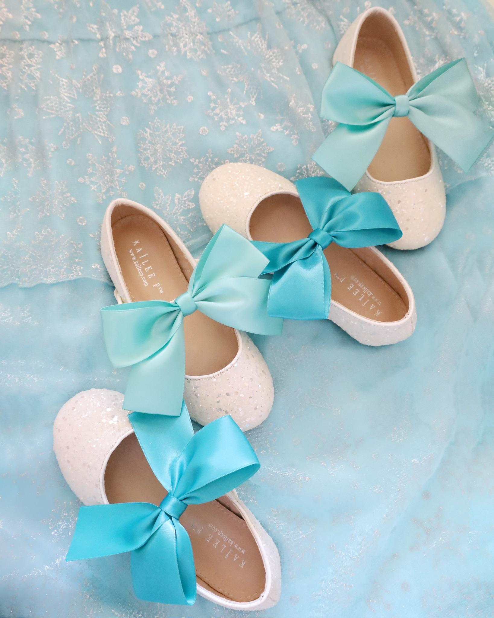 White Rock Glitter Mary Jane With Aqua Blue or Teal Satin