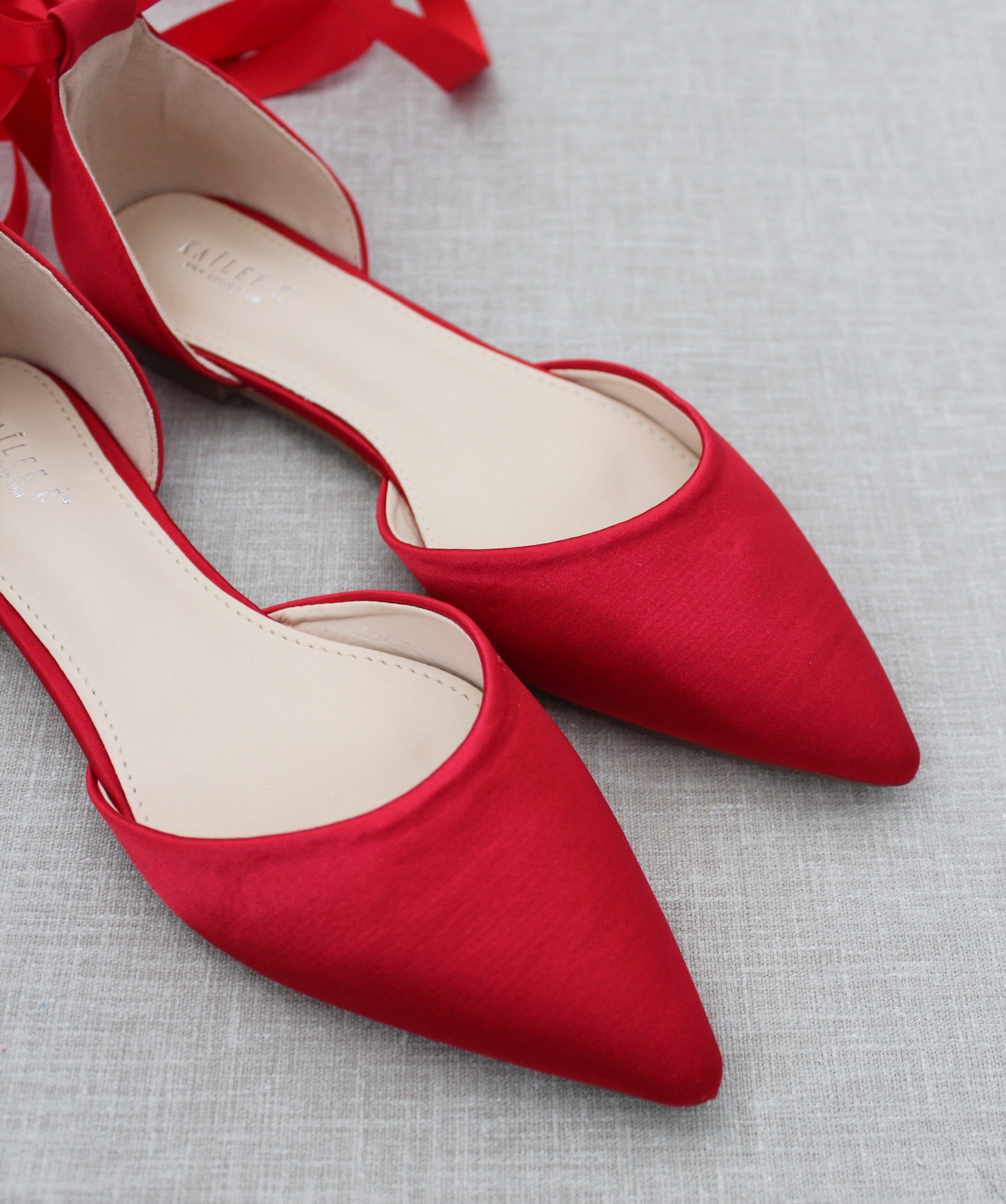 Red Pointy Toe Glitter Flats, Evening Shoes, Bridesmaids Shoes 8.5