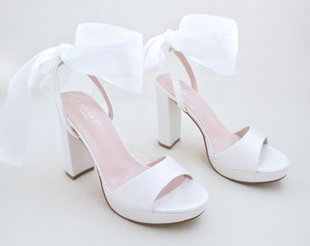 White Satin Platform Block Heel Wedding Sandals with Wrapped Ankle Tie - Women Shoes, Bridesmaid Shoes, Bridal Shoes, Wedding Heels