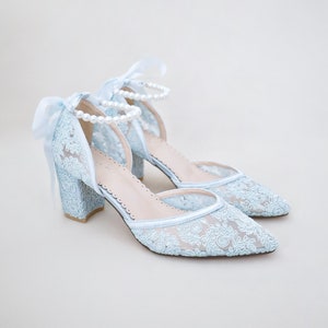 Light Blue Crochet Lace Almond Toe Block Heel with All Pearls Ankle Strap, Women Wedding Shoes, Bridesmaid Heel, Bridal Heel, Something Blue