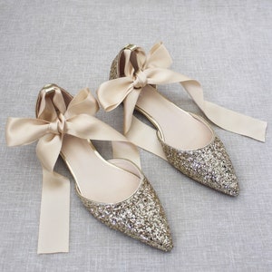 Gold Rock Glitter Pointy Toe Flats With Satin ANKLE TIE or BALLERINA ...