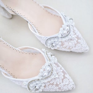 White Crochet Lace Almond Toe Block Heel With Small Pearls Applique ...
