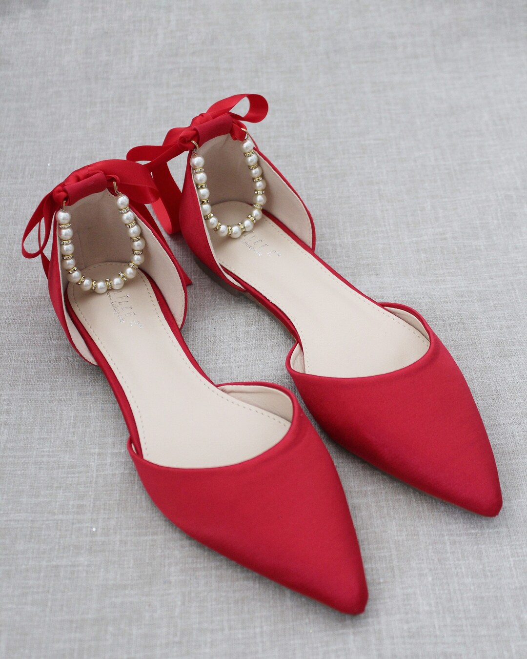 Red Satin Pointy Toe Flats With PEARLS ANKLE STRAP, Wedding Shoes