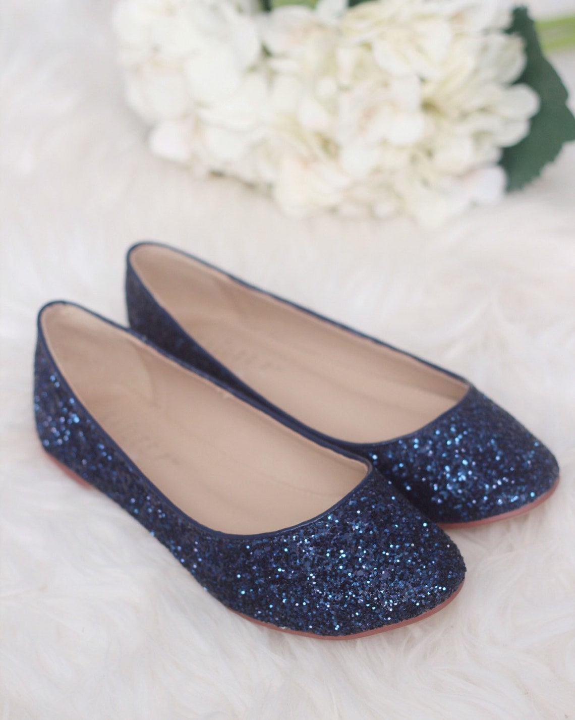 NAVY BLUE ROCK Glitter Flats with Back Satin Bow Bridal | Etsy