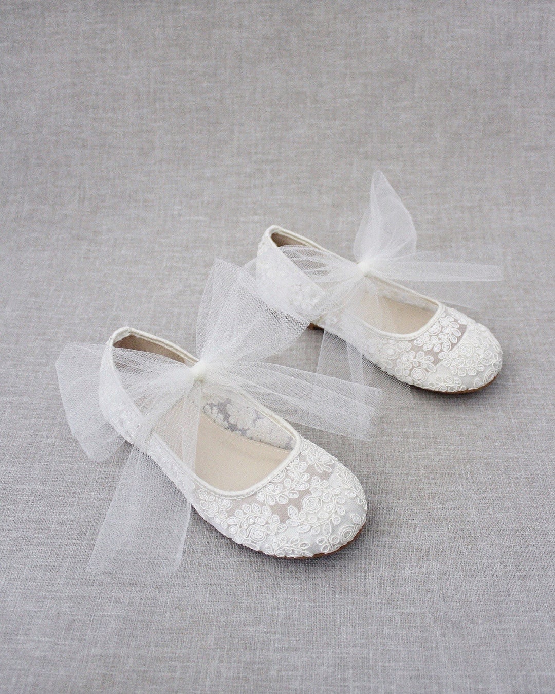 Ivory Crochet Lace Maryjane Flats With TULLE BOW Flower Girls Shoes ...