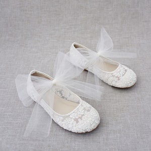 Ivory Crochet Lace Maryjane Flats with TULLE BOW - flower girls shoes, baptism and christening shoes, communion shoes