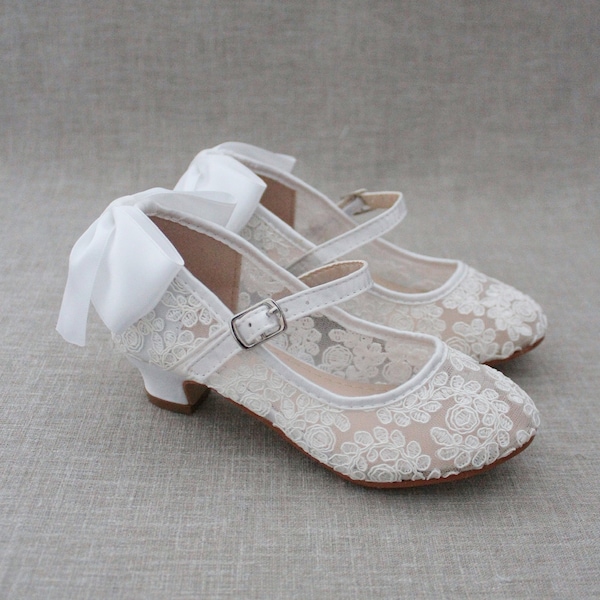 White Lace Mary Jane heels with Satin Back Bow - Flower Girl shoes, Baptism and Christening Shoes, Girls Lace Heels