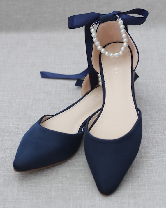 Navy Blue Satin Pointy Toe Flats With ALL PEARLS Ankle Strap, Fall