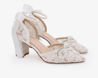 White Crochet Lace Almond Toe Block Heel with Small Pearls Applique - Women Wedding Shoes, Bridesmaids Shoes, Bridal Shoes, Block Heels