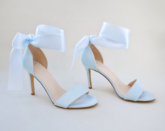 Light Blue Satin High Heel Wedding Sandals with Wrapped Ankle Tie, Bridesmaids Shoes, Satin Heels Sandals, Something Blue