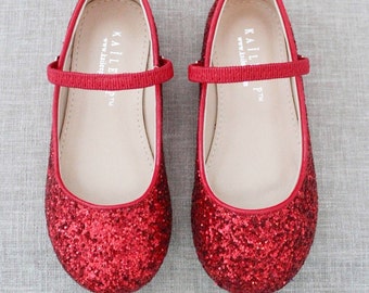 Red Rock Glitter Mary Jane Flats - Para niñas de flores, zapatos de vacaciones, zapatos de fiesta, zapatos de Halloween, zapatos rojo rubí