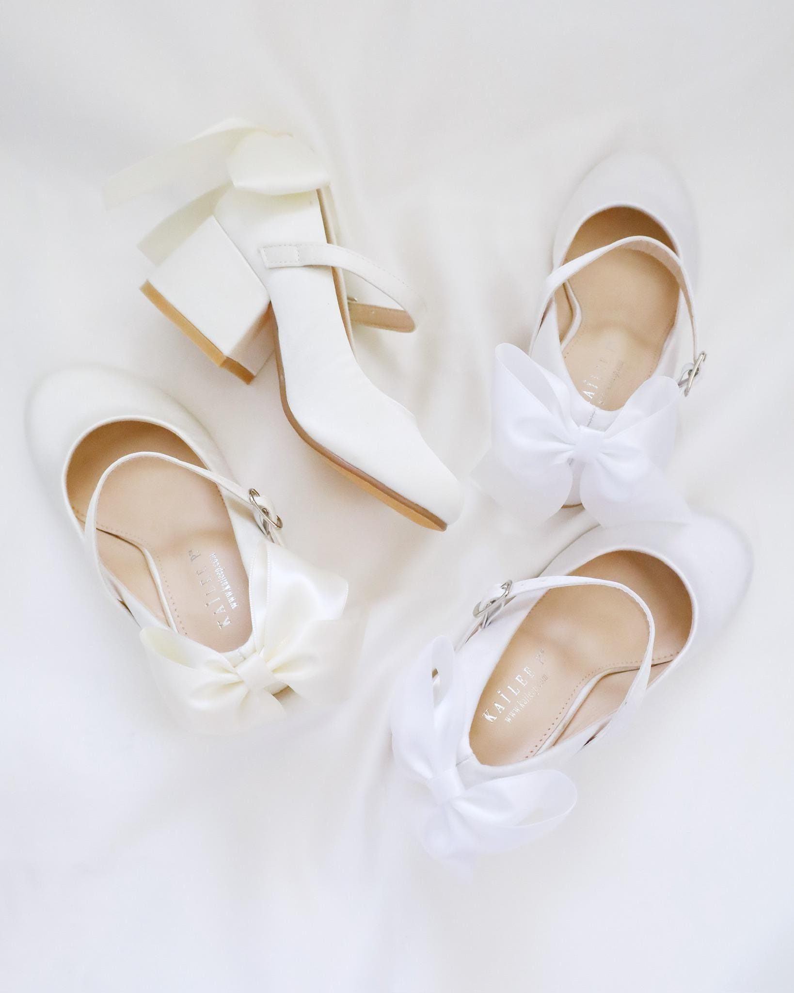 Ivory & White Satin Mary Jane Girls Block Heel With Back Satin Bow ...