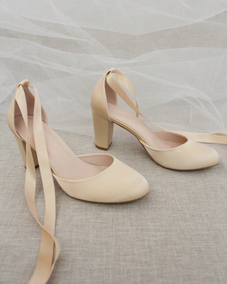 champagne satin block heels