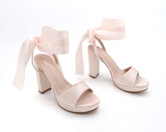 Dusty Pink Satin Platform Block Heel Wedding Sandals with Wrapped Ankle Tie - Women Shoes, Bridesmaid Shoes, Bridal Shoes, Wedding Heels