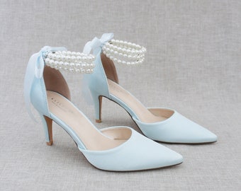 Light Blue Satin Pointy Toe Heels with Trinity Pearls Ankle Strap - Wedding Shoes, Bridesmaids Shoes, Evening Shoes, Holiday Shoes