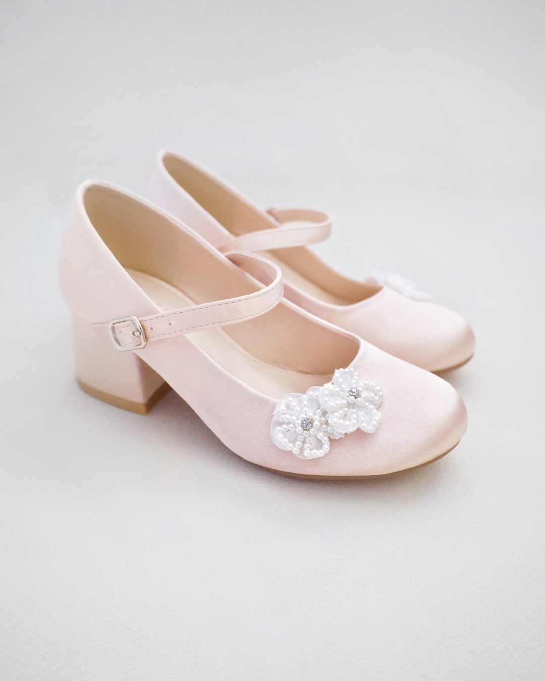 Champagne Girls Satin Mary Jane Block Heel With All Pearls Chassia ...