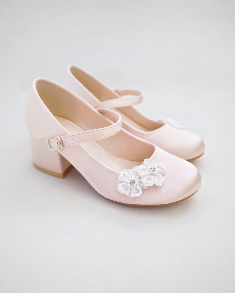 Champagne Girls Satin Mary Jane Block Heel With All Pearls Chassia ...