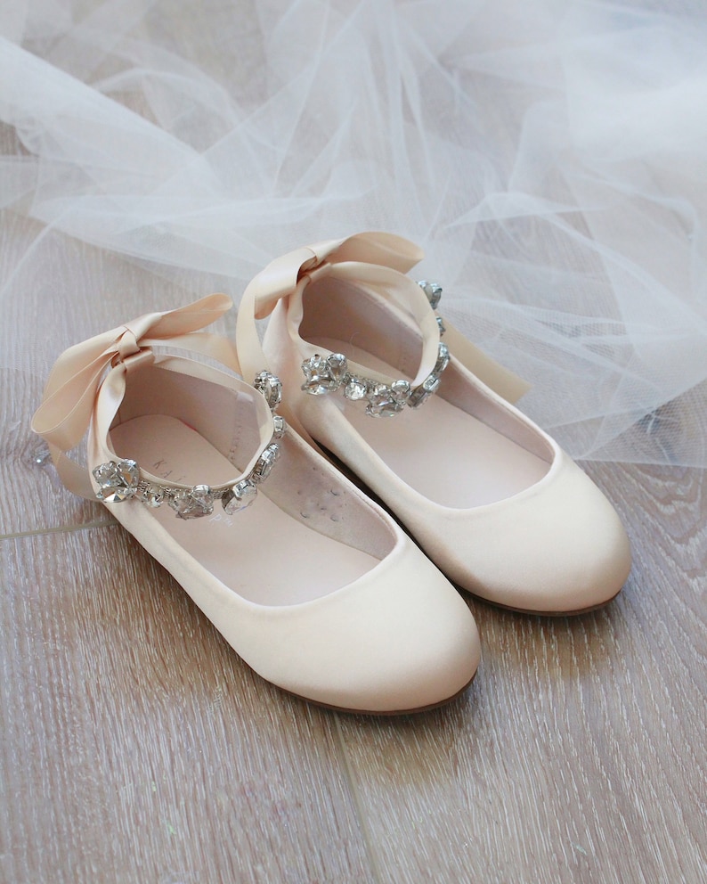 Women & Kids | Champagne Satin Ballet Flats with NAVETTE CLUSTER RHINESTONES on Satin Ankle Strap, Fall Flower Girl Shoes, Holiday Shoes 