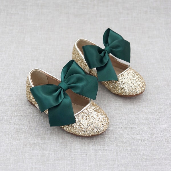 Gold Rock Glitter Mary Jane with HUNTER GREEN satin ribbon bow - Hunter Green Shoes, Flower Girls Shoes, Holiday Shoes, Party Shoes