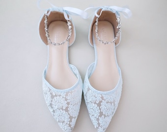 Light Blue Crochet Lace Pointy Toe Flats with Amaryllis Crystal Strap, Women Wedding Shoes, Bridal Flats, Lace Flats, Wedding Flats