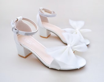 White Satin Block Heel Sandal with Front Oversized TULLE BOW, Women Sandals, Bridesmaid Shoes, Wedding Shoes