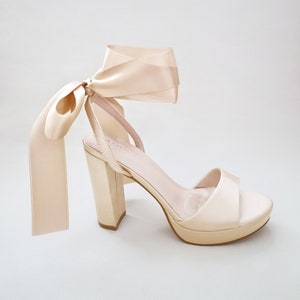 Champagne Satin Platform Block Heel Wedding Sandals with Wrapped Ankle Tie, Women Shoes, Bridesmaid Shoes, Bridal Shoes, Prom Shoes