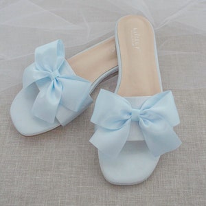 Light Blue Satin Slip on Sandals With Satin Bow, Bridal Sandals ...