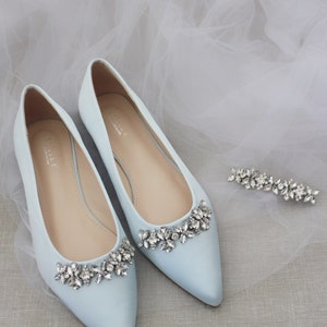 Light Blue Satin Pointy Toe Flats with FLORAL RHINESTONES Embellishments, Women Shoes, Light Blue Wedding, Something Blue, Bridesmaid Shoes BARRETTE