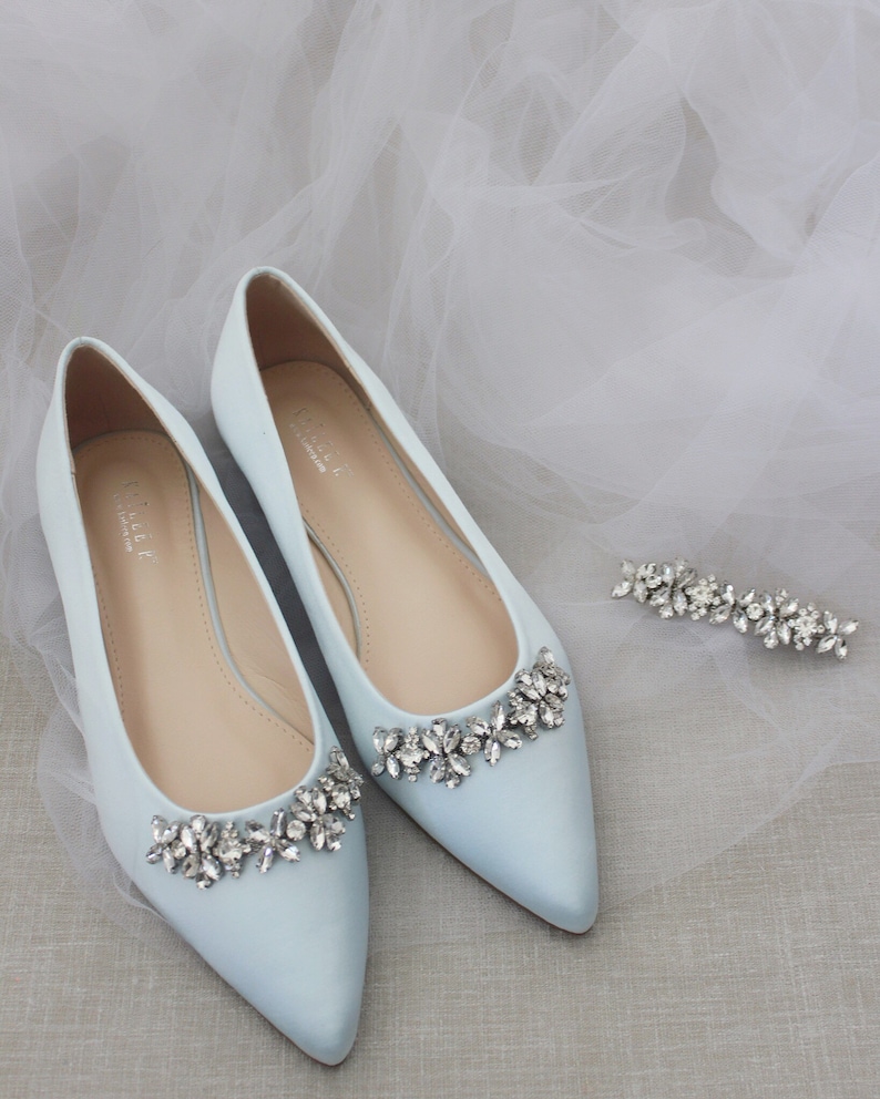 Light Blue Satin Pointy Toe Flats with FLORAL RHINESTONES Embellishments, Women Shoes, Light Blue Wedding, Something Blue, Bridesmaid Shoes BARRETTE