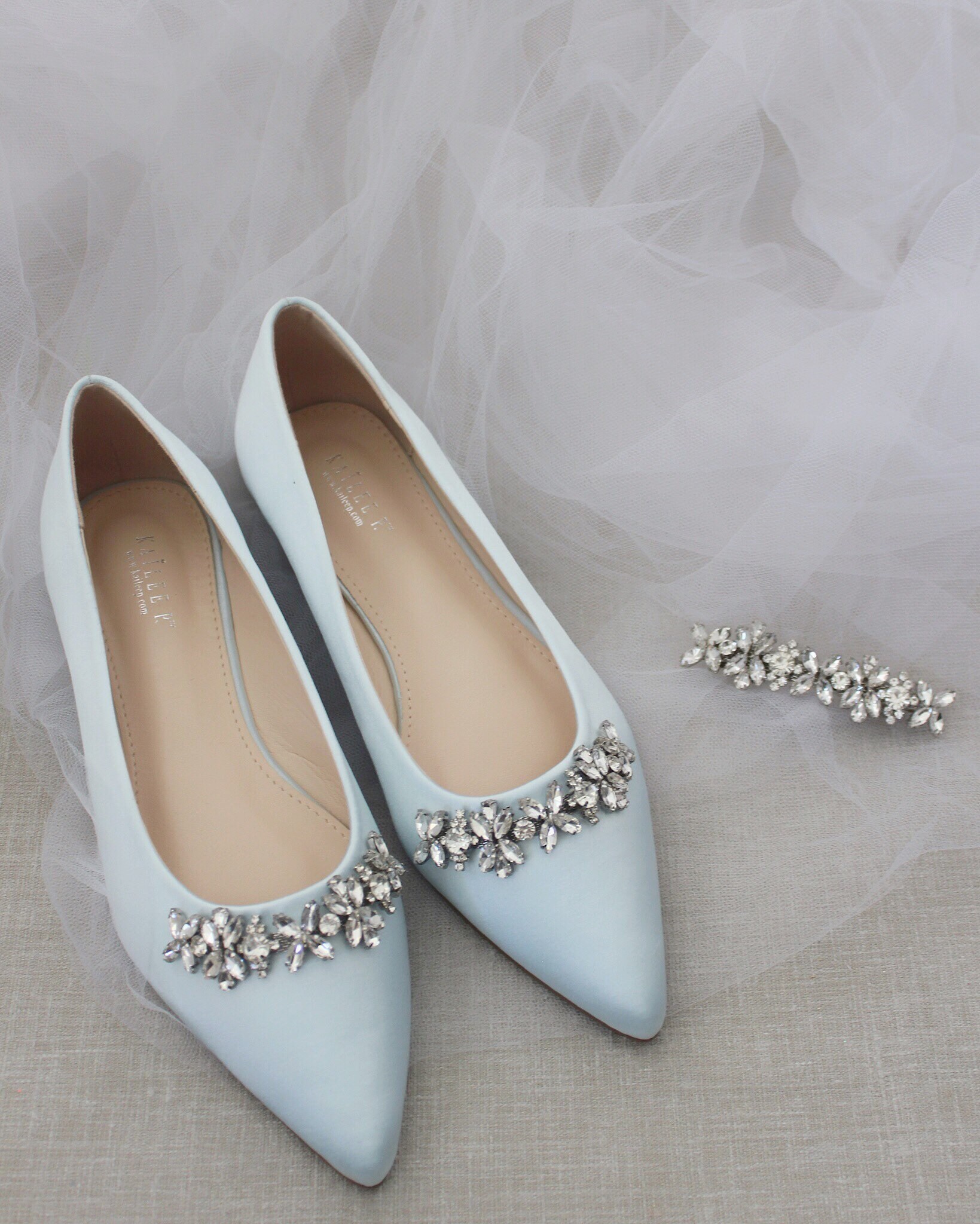 light blue satin flats