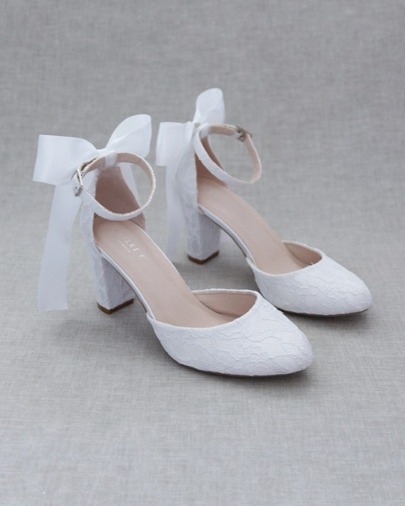 Scarpe da sposa bianche, scarpe con tacco a blocchi, tacco a blocchi  D'Orsey, scarpe da sposa con fiocco, scarpe da sposa con fiocco, scarpe  personalizzate, tacchi bassi, scarpe di grandi dimensioni 