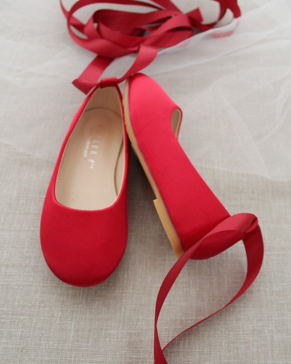 Shoes Red Satin Ballerina Lace up Flats Fall -