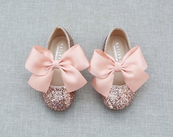 Rose Gold Rock Glitter Mary-jane with Rose Gold Satin Bow, Flower girls Shoes, Birthday Shoes, Holiday Shoes, Baby Shoes, Pageant Shoes