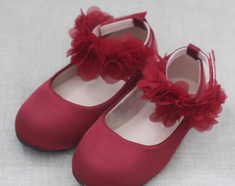 Burgundy Satin Flats With Chiffon Flowers Ankle Strap, Fall Flower