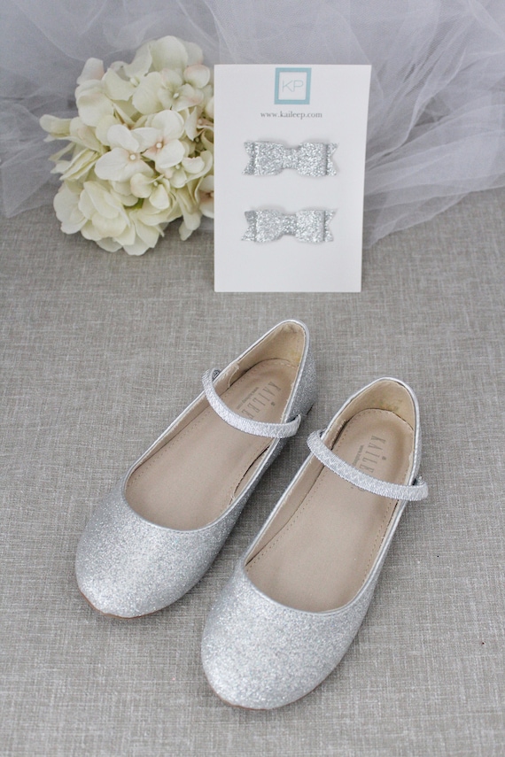 Silver Fine Glitter Maryjane Flats for Flower Girls Shoes - Etsy