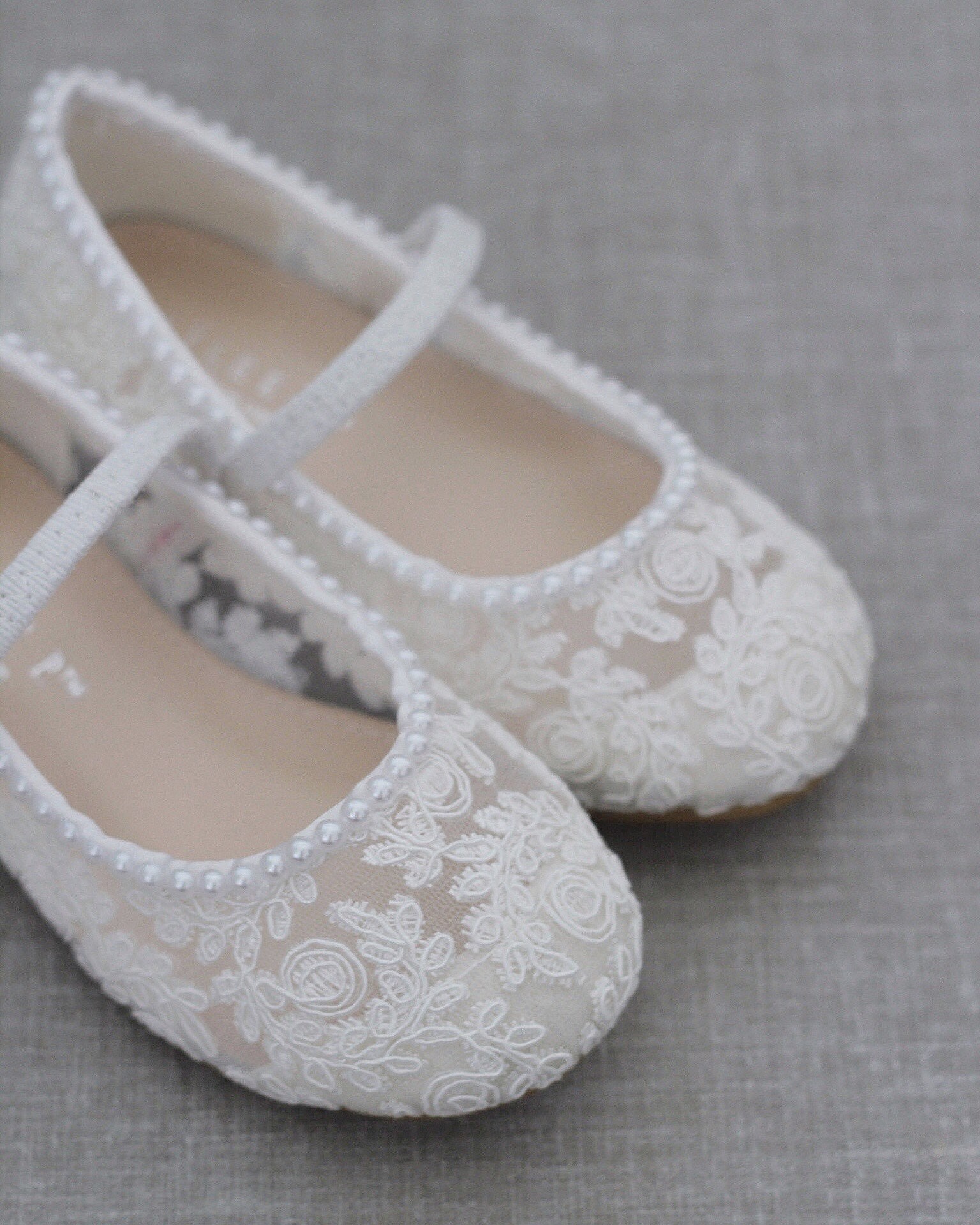 White Crochet Lace Mary Jane Flats With MINI PEARLS, for Flower