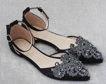 Black Pointy Toe Flats with Sparkly OVERSIZED RHINESTONE APPLIQUE, Fall Wedding Shoes, Bridesmaids Shoes, Black Evening Shoes, Holiday Shoes