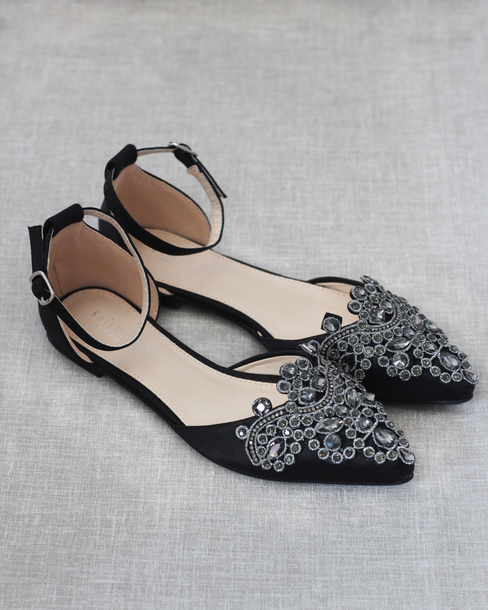 Black Pointy Toe Flats with Sparkly OVERSIZED RHINESTONE APPLIQUE, Fall Wedding Shoes, Bridesmaids Shoes, Black Evening Shoes, Holiday Shoes