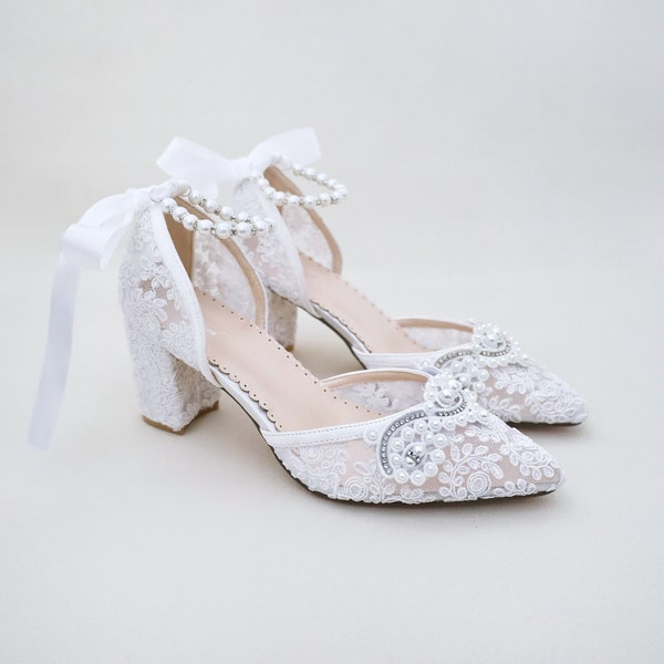 White Crochet Lace Almond Toe Block Heel with Small Pearls Applique - Women Wedding Shoes, Bridesmaids Shoes, Bridal Shoes, Block Heels