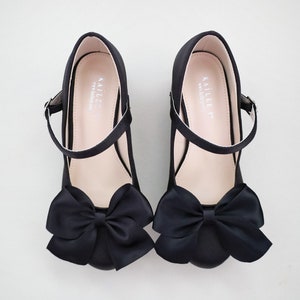 Black Satin Mary Jane Girls Block Heel With Front Satin Bow, Flower ...